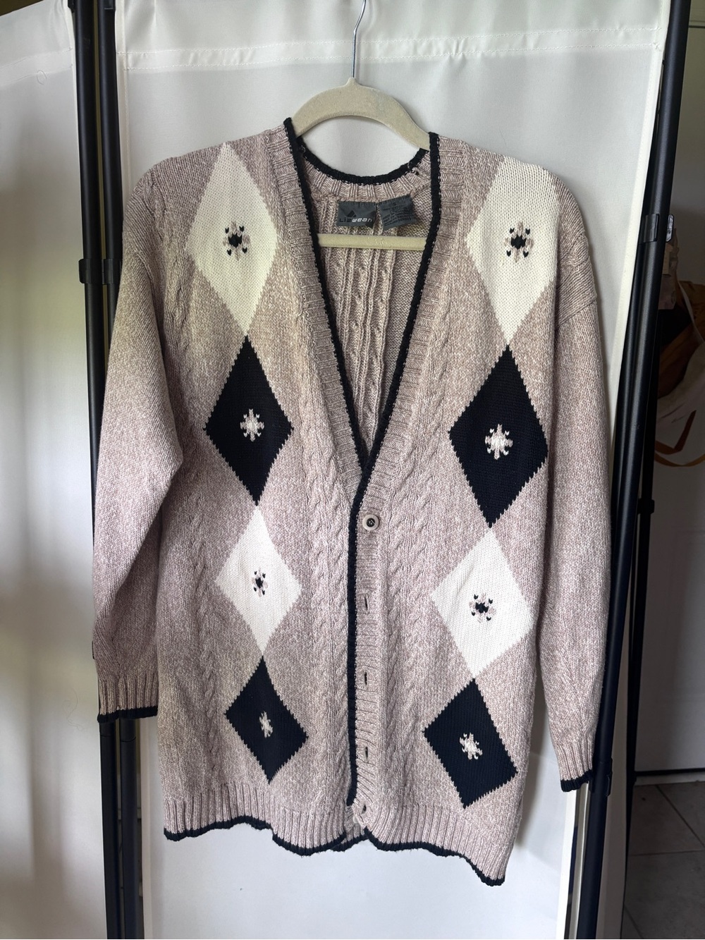 Vintage Liz Sport Cotton Beige Argyle Cardigan with Black Trim